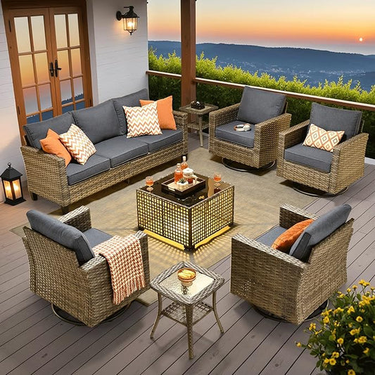 ovios 8 Pieces Patio Furniture Set with Swivel Chairs Rocking Gliders, Outdoor Sofa Couch with Solar Lights Table Comfy Cushions, Modern Deep Seat Wicker Rattan Conversation Set, Denim Blue