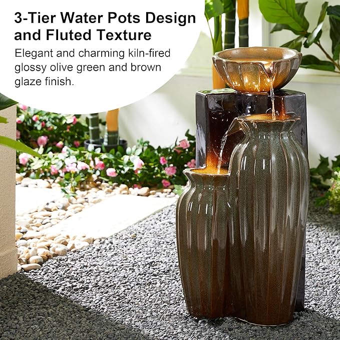 Glitzhome 26.75" H Ceramic Outdoor Water Fountain with LED Lights and Pump, Two Tone Olive Green and Brown Reactive Fluted Texture Cascading Waterfall Floor Standing Fountain for Porch Garden Patio
