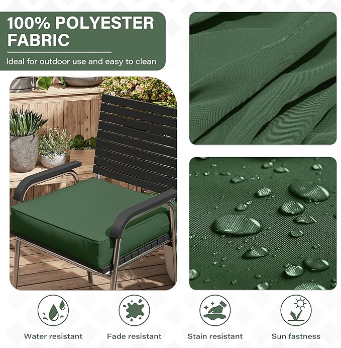 Patio Chair Cushions 24 X 24 X 5 Inch Waterproof Outdoor Seat Cushions for Patio Furniture, Outdoor Sofa Couch Pads with Ties & Handle, Set of 2, Green