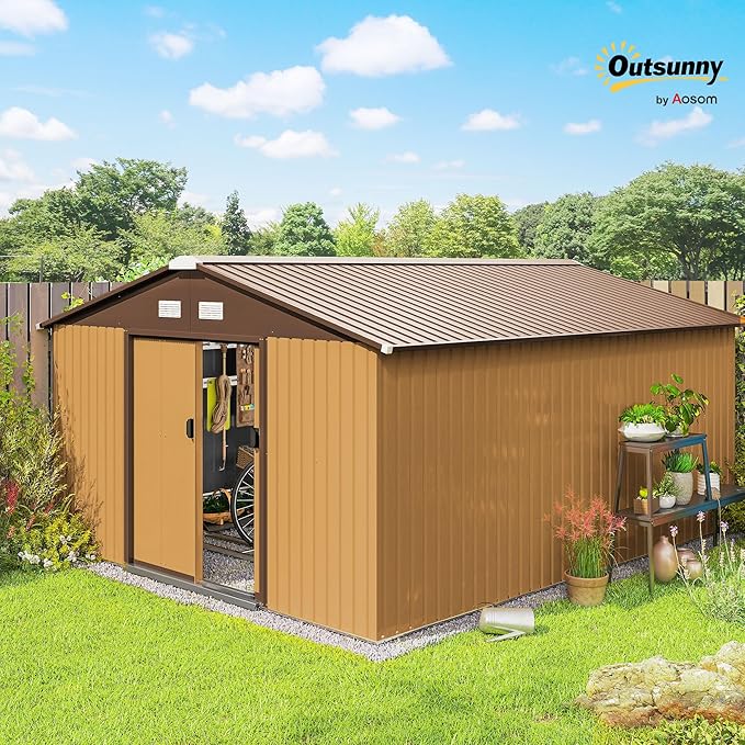Outsunny 11' x 13' Outdoor Storage Shed, Garden Tool Metal Shed with Foundation Kit, Double Lockable Door, Air Vents and Sloping Roof, for Backyard, Patio, Lawn, Yellow