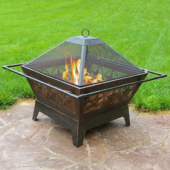 Sunnydaze Northern Galaxy 32-Inch Outdoor Fire Pit with Grill Grate, Spark Screen, and Poker - Heavy-Duty Wood-Burning Fire Pit for Outside