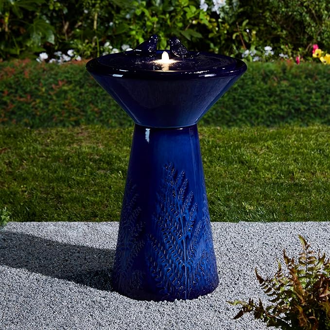 Glitzhome 27.5"H Outdoor Garden Water Fountain with LED Lights and Pump, Cobalt Blue Two Birds Embossed Plant Pattern Pedestal Ceramic Floor-Standing Fountain for Porch Deck Patio Backyard Decoration