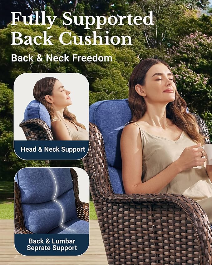 HILLGA Luxury Patio Furniture Set with 6-inch Thick Cushion, Outdoor Couch and High Back Swivel Rocker Patio Chairs, 6PCS Wicker Conversation Set for Deck Yard and Poolside, Blue (V2)