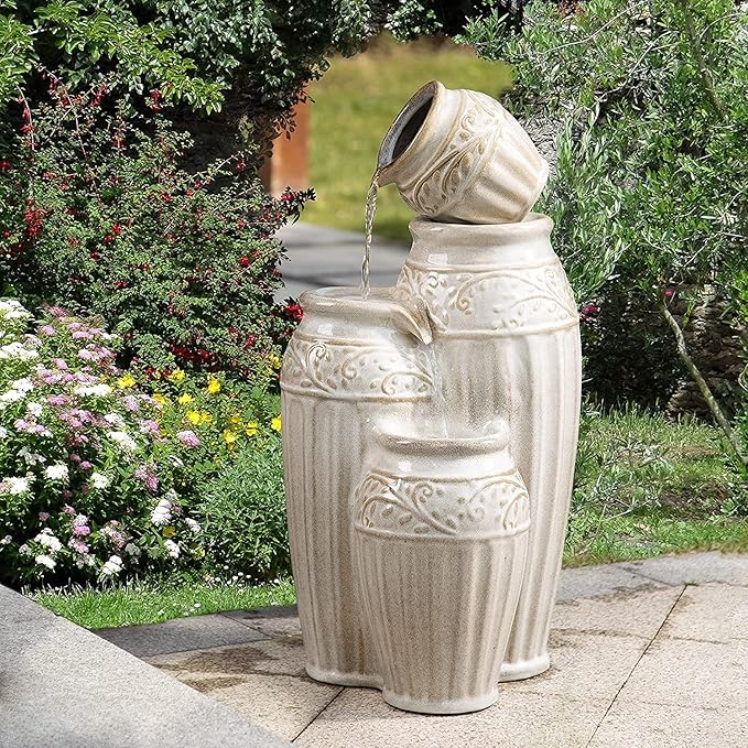 Glitzhome 27.25" H Outdoor Garden Water Fountain with LED Lights and Pump, 4 Tier Sand Beige Embossed Pattern Ceramic Pots Cascading Floor Standing Fountain for Porch Deck Patio Backyard Decoration
