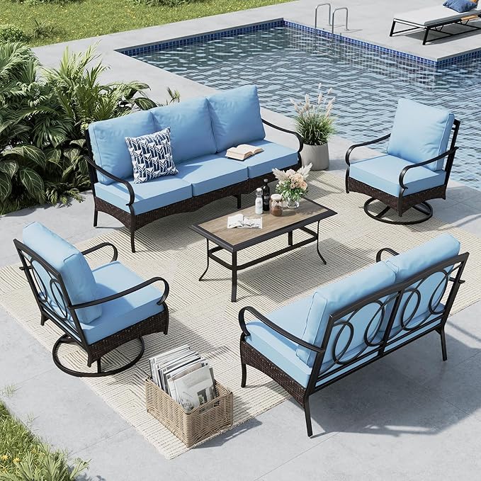 MFSTUDIO 5 PCS Outdoor Patio Furniture Set, Metal Outdoor Conversation Set, Rattan Wicker Patio Sectional Sofa Set with 2 x Swivel Single Sofa, 2-Seat and 3-Seat Sofa, 1 x Coffee Table, Blue