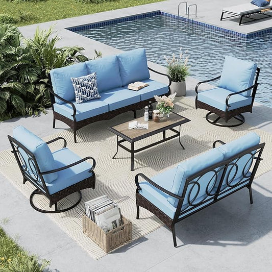 MFSTUDIO 5 PCS Outdoor Patio Furniture Set, Metal Outdoor Conversation Set, Rattan Wicker Patio Sectional Sofa Set with 2 x Swivel Single Sofa, 2-Seat and 3-Seat Sofa, 1 x Coffee Table, Blue