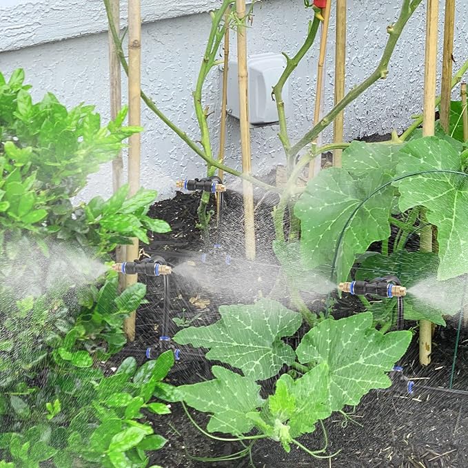 Mornajina 3Packs 2 Way Brass Misting Nozzles Tee with 12inch Built in Hose for Outdoor Cooling System, Adjustable 360° Rotation, Water Mister Nozzles Thread Sprayer 0.043" (1.1 mm)