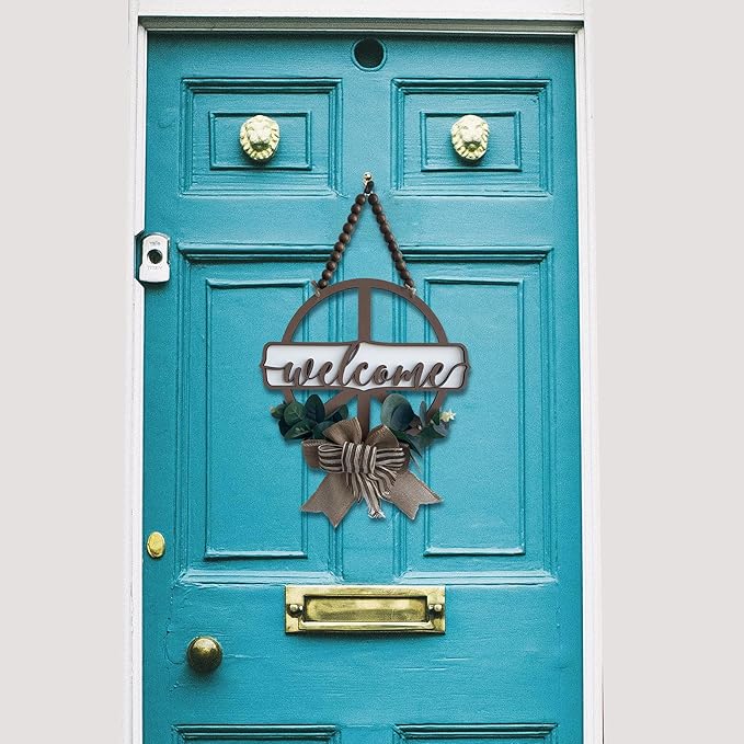 interchangeable 3D Welcome Sign for Front Door |Home/Farmhouse Porch Décor Wooden Hanging Sign with Artificial Leaves and Rustic Beads | Christmas Classroom |12" Round