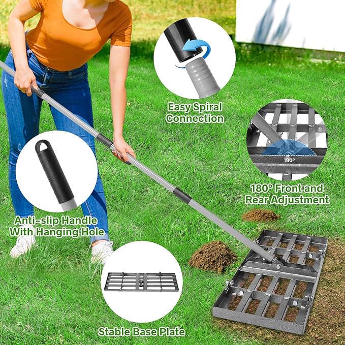Lawn Leveling Rake, Lawn Leveler with Stainless Steel Long Handle, Heavy Duty Yard Level Tool for Leveling Soil, Sand Or Dirt Surfaces, Gardening Gloves Gift Included (30x10in)
