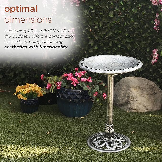 Alpine Corporation TEC116GR Outdoor Pedestal Birdbath w/Scrollwork Base and Stakes, Elegant Birdbath for Garden, 28" H, Gray