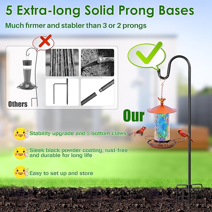 XDW-GIFTS Bird Feeder Pole for Outdoor, 45 Inch Shepherds Hooks Heavy Duty Garden Pole for Hanging Plant Basket, Solar Light Lanterns, Garden Plant Hanger Stands with 5 Base Prongs