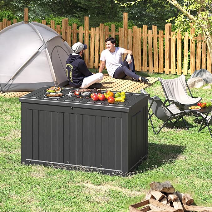 NUNU LAB 230 Gallon Large Resin Deck Box, Waterproof Outdoor Storage Box, Lockable Storage Bin for Patio Furniture, Garden Tools, Pool Accessories, UV-Resistant & All-Weather, Black