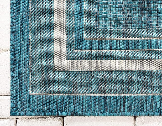 Unique Loom Outdoor Border Collection Area Rug - Soft Border (8'x 11' 4" Rectangle, Teal/ Ivory)
