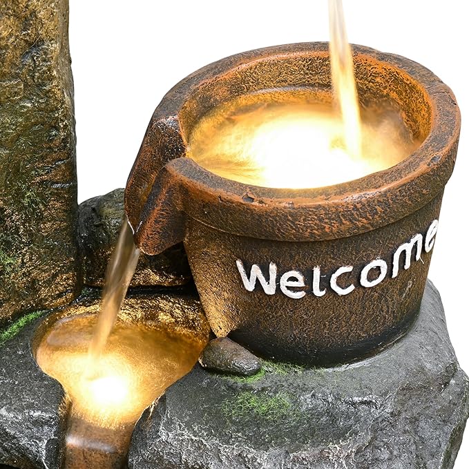 33" Outdoor Garden Water Fountain with Lights 4 Tiers Cascading Large Waterfall Floor Standing Fountain for Patio, Backyard, Deck, Porch and Home Art Decor