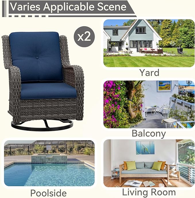 Outdoor Swivel Rocker Patio Chairs Set of 2 - Outdoor Wicker Patio Conversation Sets 2 Pieces with Olefin Fabric Cushions Suitable for Backyard Deck and Porch, Blue