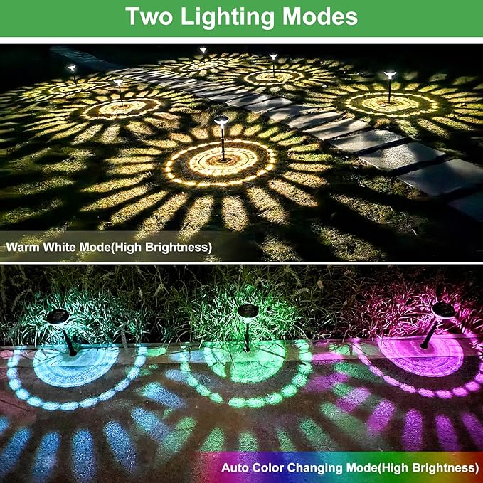 Bright Pathway Lights 2 Pack,Color Changing+Warm White LED Solar Lights Outdoor,IP67 Waterproof Solar Powered Garden Lights for Path Walkway Yard Backyard Lawn Landscape Decorative