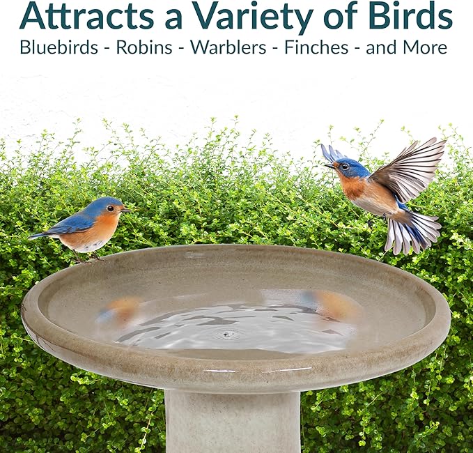 Sunnydaze 21" H Ceramic Bird Bath for Outside - Hand-Painted Outdoor Bird Bath Bowl, UV/Frost-Resistant Finish - Yam - Ribbed Pedestal