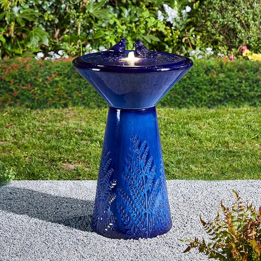Glitzhome 27.5"H Outdoor Garden Water Fountain with LED Lights and Pump, Cobalt Blue Two Birds Embossed Plant Pattern Pedestal Ceramic Floor-Standing Fountain for Porch Deck Patio Backyard Decoration