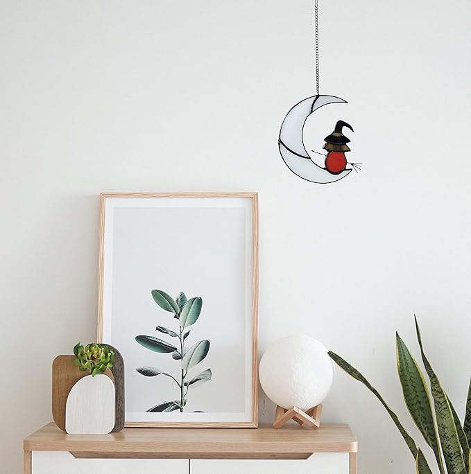 Witch On Moon Stained Glass Window Hanging Panel, Suncatcher for Windows, Witch Decor Riding Moon Face Sun Catcher Halloween Ornament.