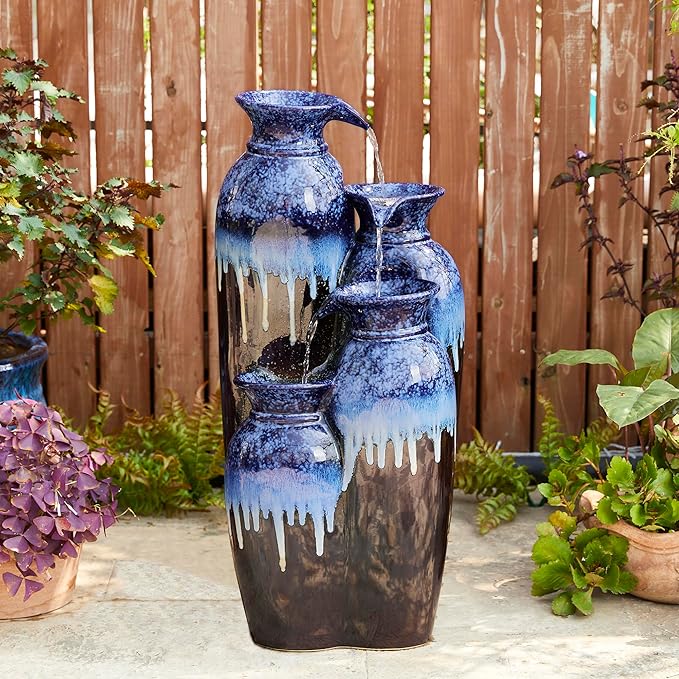 Glitzhome 30.75" H Vase Ceramic Outdoor Water Fountain with LED Lights and Pump, 4-Tier Cobalt Blue and Brown Reactive Glaze Cascading Pots Standing Fountain for Porch Deck Garden Patio Backyard