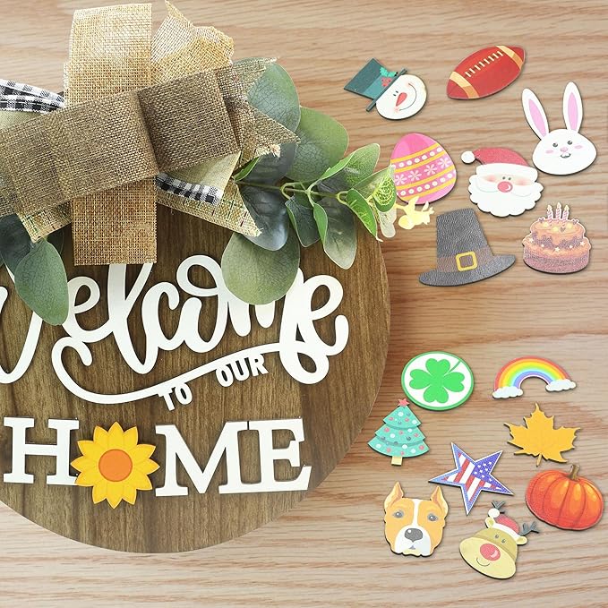 interchangeable 3D Welcome Sign for Front Door |Home/Farmhouse Porch Décor Wooden Hanging Sign with Artificial Leaves and Rustic Beads | Christmas Classroom |12" Round