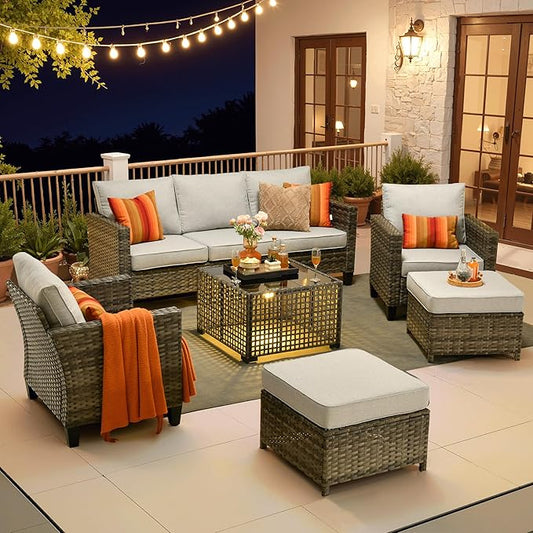 ovios 6 Pieces Patio Furniture Set Outdoor Sofa Couch with Solar Lights Table Comfy Cushions, Modern Deep Seat Wicker Rattan Conversation Set for Porch Deck, Grey
