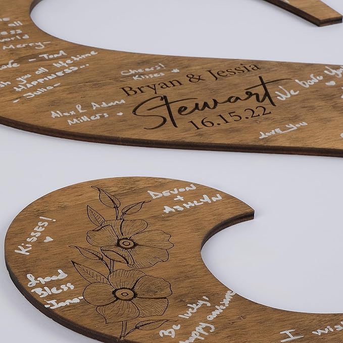 Wedding Guest Book Sign with Pen, Personalized Wooden Letter Monogram, Custom Last Name and Date, Laser Engraved Guestbook Alternative for Couple, Large Sizes Options