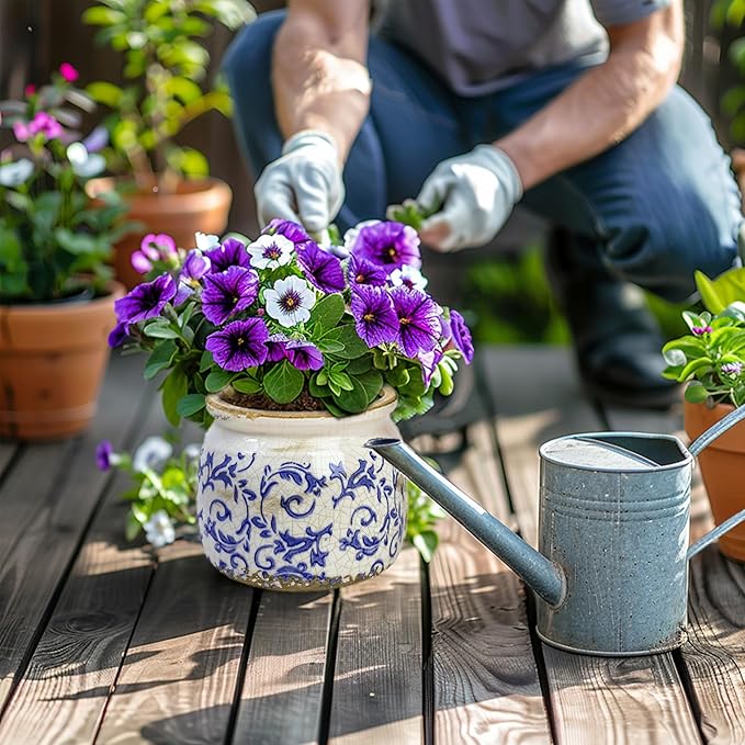 Vintage Ceramic Ice Crack Flower Pot with Drainage Holes, Country Rustic Planters for Indoor and Outdoor,Tuscan Decor,Home,Living Room, Garden Decor, Gardening Gift (Tropical)