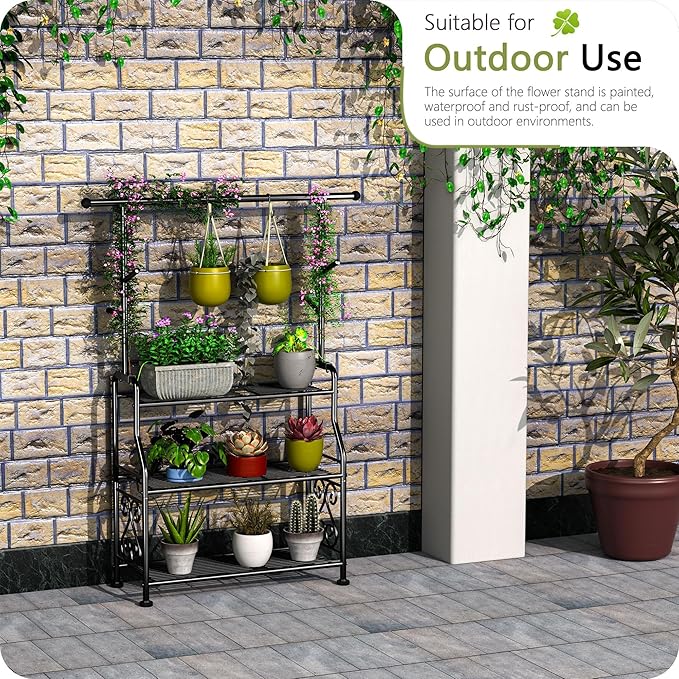 GIOTORENT Plant Stand Indoor, 3-Tier Heavy Duty Metal Shelf for Patio & Indoor, Tall Plant Holds 14+ Plants with 5 Hooks, Rust-Proof Plant Holder for Garden, Balcony, Living Room, Black