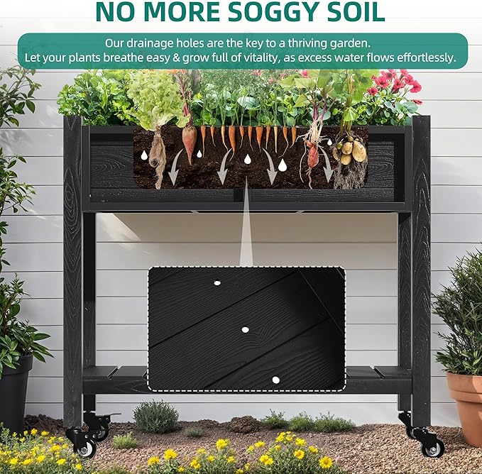 YITAHOME Raised Garden Bed, HIPS Poly Wood Elevated Planter Box with Shelf & Wheels for Mobility, Small Flower Box Stand for Patio Balcony Garden Backyard, Black