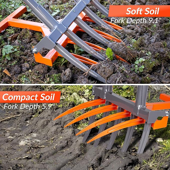 Walensee Broad Fork Garden Tool, 9 Tines Heavy Duty Broadfork Hand Tiller, 2-in-1 Garden Pitchfork with Ergonomic U-Shaped Handle, Spading Digging Fork for Gardening, Cultivating