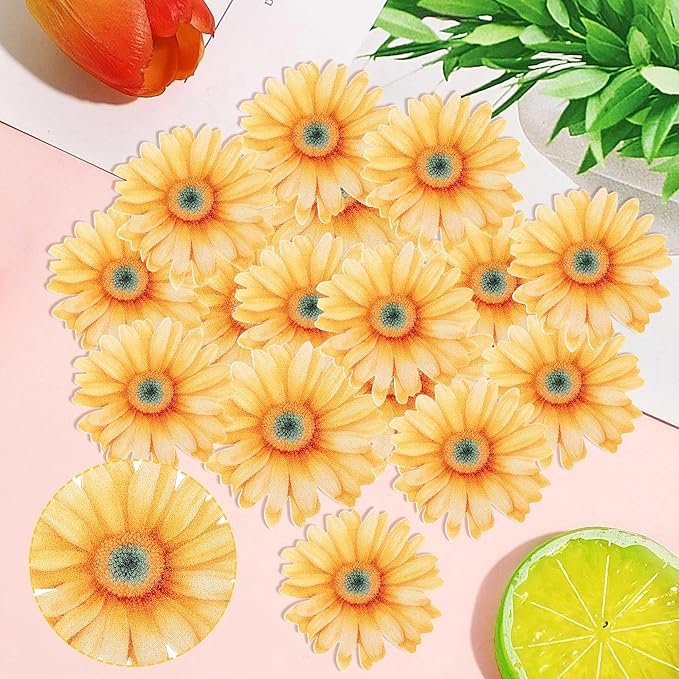 60 PCS Edible Daisy Cupcake Toppers Wafer Paper Flower Birthday Party Decorations Edible Sunflower Cupcake Picks for Baby Shower Spring Wedding Birthday Party Cake Food Decorations Supplies Yellow