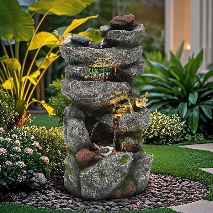 31.5" H Multi-Tier Rock Outdoor Water Fountain with LED Lights and Pump, Garden Fountain Waterfall for Patio, Porch, or Yard