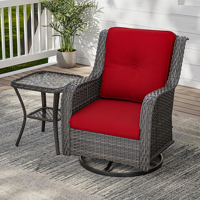 2 Pieces Outdoor Swivel Rocker Patio Chairs Set - Outdoor Wicker Patio Conversation Sets with 1 Side Table, Olefin Fabric Cushions Suitable for Backyard Deck and Porch,Red