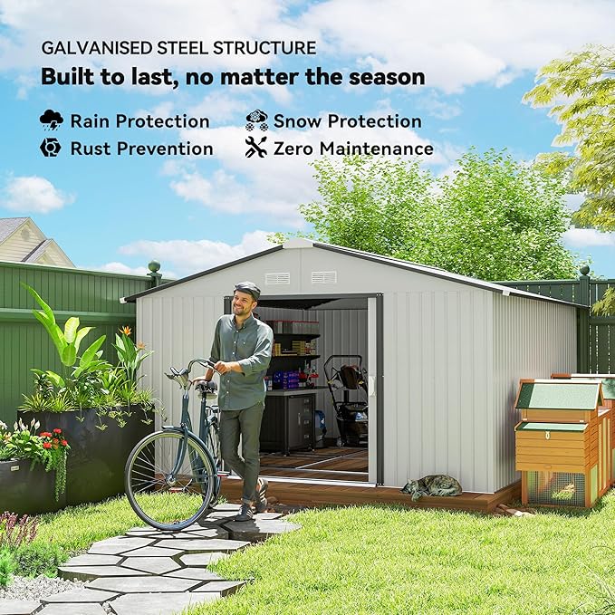 Outsunny 11' x 13' Outdoor Storage Shed, Garden Tool Metal Shed with Foundation Kit, Double Lockable Door, Air Vents and Sloping Roof, for Backyard, Patio, Lawn, White