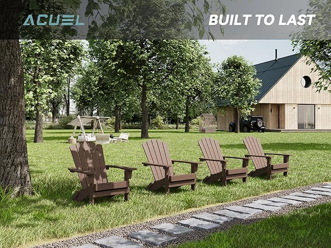 Folding HDPE Adirondack Chair Set of 2, Weather-Resistant Patio Chair with Wide Armrests & High Backrest, Fire Pit Chair for Garden, Backyard, Porch - Coffee