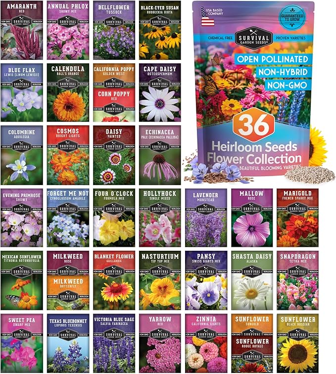 Survival Garden Seeds Functional Flower Garden Kit | 36 Pack Seed Starter Collection | Bee, Butterfly, Hummingbird, Pollinator-Friendly Blooms | Non-GMO Heirloom Beneficial Flowers & Wildflowers