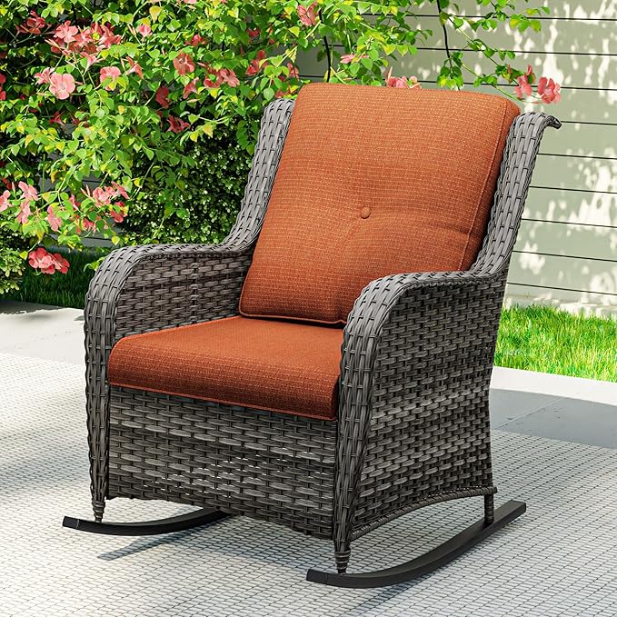 1 PC Outdoor Rocking Chair, Wicker Patio Rocker Chair for Yard, Porch, Mixed Brown Grey Rattan, Orange Cushions