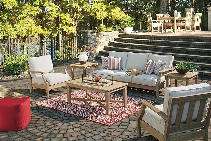 Signature Design by Ashley Carter Hall Outdoor Eucalyptus Patio Lounge Chair with Cushion, Beige