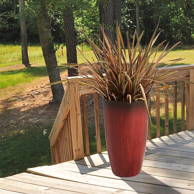 Worth Garden 23.5" H. Large Plastic Planters - Set of 2 Gradient Red Glossy Smooth Finish - Tall Plant Pots for Indoor & Outdoor Use - Decorative Lightweight Flower Pots for Front Porch, Patio, Deck