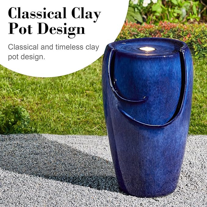 Glitzhome Ceramic Vase Outdoor Water Fountain Tall Patio Garden Water Fountain with LED Light and Submersible Pump Yard Art Decor, 20.5”H, Blue