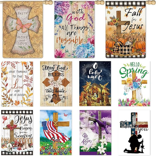 11 Pcs Christian Garden Flag Cross Yard Flags for All Season Christian Welcome Large 28 x 40 Inch Flags Double Sided Print Vertical House Flags Decorations for Home Outdoor Lawn
