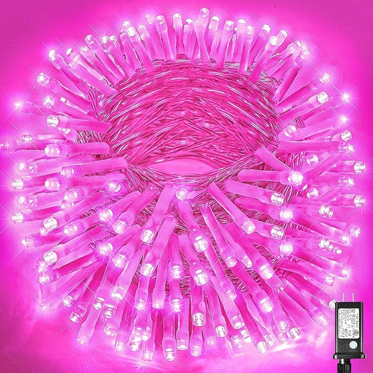 300 LED Pink String Lights, 99ft Pink Christmas Lights Outdoor 8 Modes Clear Wire, Plug in Waterproof Twinkle Fairy Lights for Bedroom Indoor Wedding Christmas Party Decorations