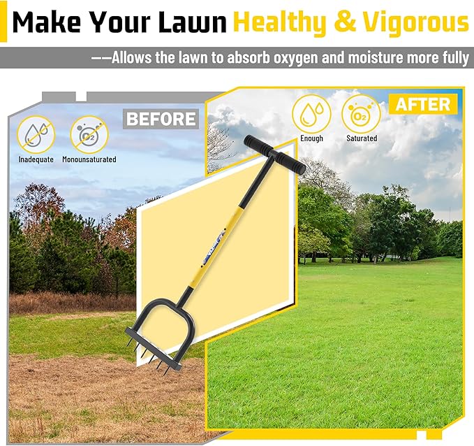 Lawn Aerator Tool, Lawn Aerator with six 6mm Extra-Large Spikes, Clears Leaves and Dirt, Metal Hand Aerator for loosening Soil, aerates Patio and Garden