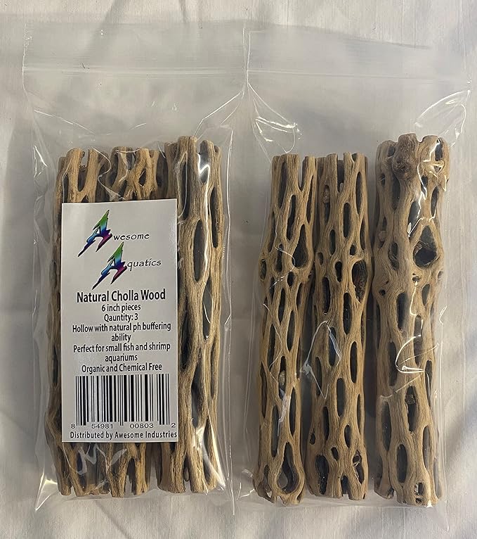 Awesome Aquatic Natural Cholla/Choya Wood 3 Pieces 6” for Shrimp Habitat and Food Treat Hermit Crabs Plecos Aquarium Decoration Lowers pH Hideouts and Chew Toys Reptiles Thorn Free Dried Organic
