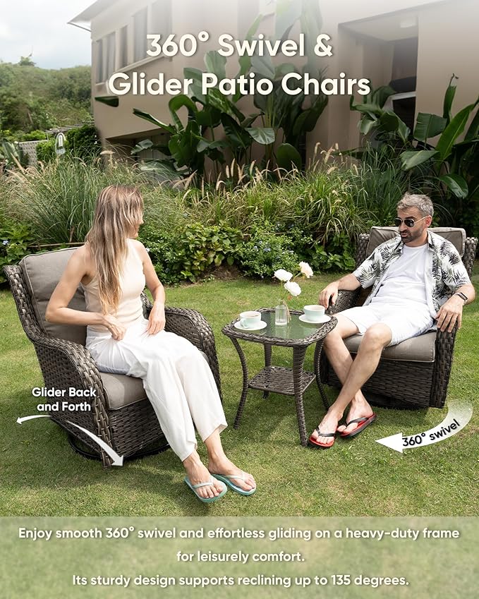 HUMMUH Wicker Patio Furniture High Back Swivel Rocker Patio Chairs Outdoor Bistro Set with Ottomans Side Table for Porch Garden Deck