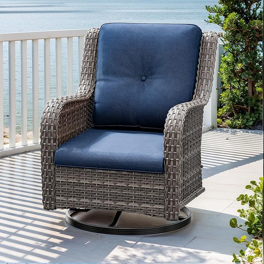 Outdoor Swivel Rocker Patio Chair - Outdoor Wicker Patio Glider Chair with Olefin Fabric Cushions Suitable for Backyard Deck and Porch, Blue