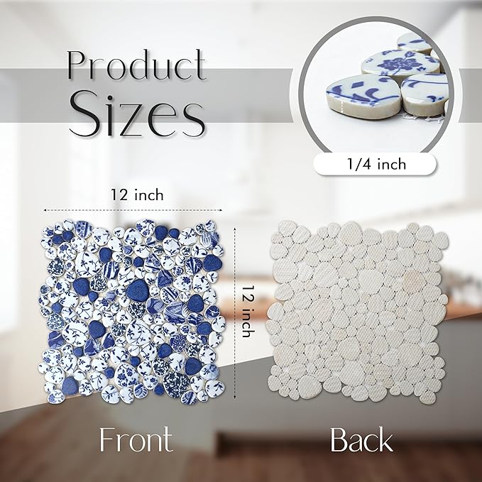 Blujellyfish Blue & White Pebble Tile Porcelain Mosaic Tiles for Art Deco (Pack of 5)