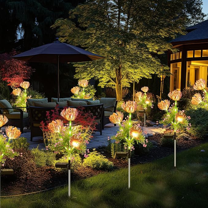 Solar Garden Lights Outdoor, 6 Pack Solar Flowers Lights,18 Head Waterproof Flower with Glowing Stems, Solar Lights Outdoor for Yard, Pathway, Garden Decor & Gardening Gift
