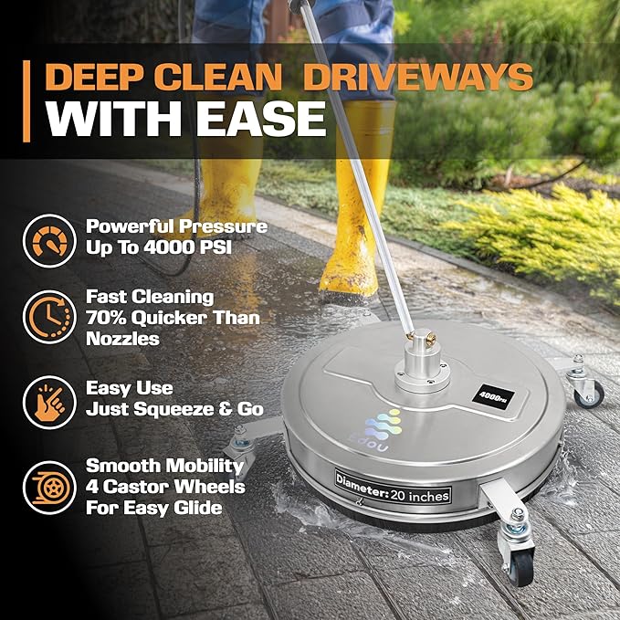 EDOU Pressure Washer Surface Cleaner - 20-Inch Stainless Steel Cleaner, 2 Replaceable Nozzles, 2 Washer Wand Attachments, 4 Wheels - 4000 PSI Maximum Pressure - 1/4" Quick Connector